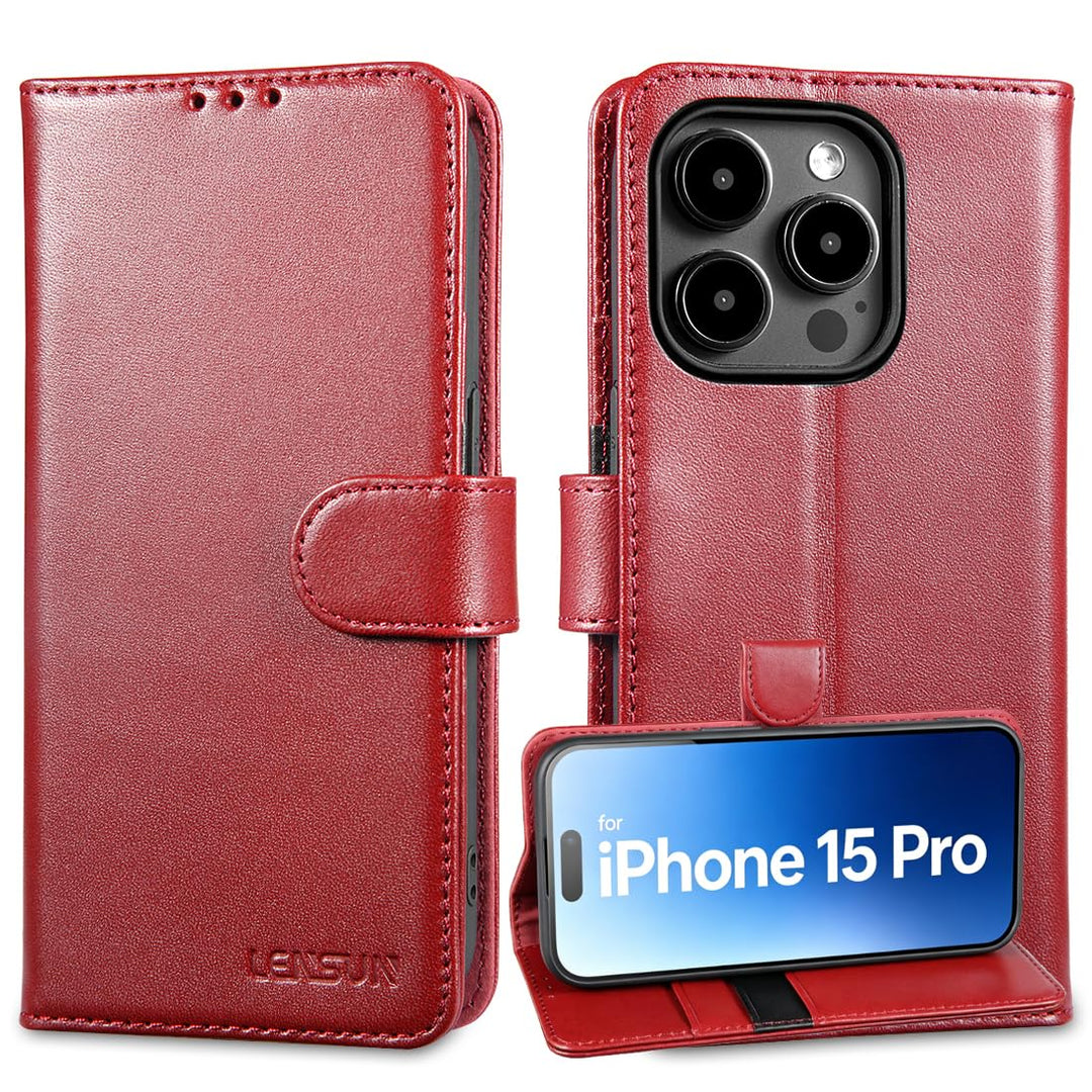 LENSUN Echtleder Hülle für iPhone 15 Pro, Handyhülle [Echtes Leder][Magnetverschluss][RFID Schutz] H
