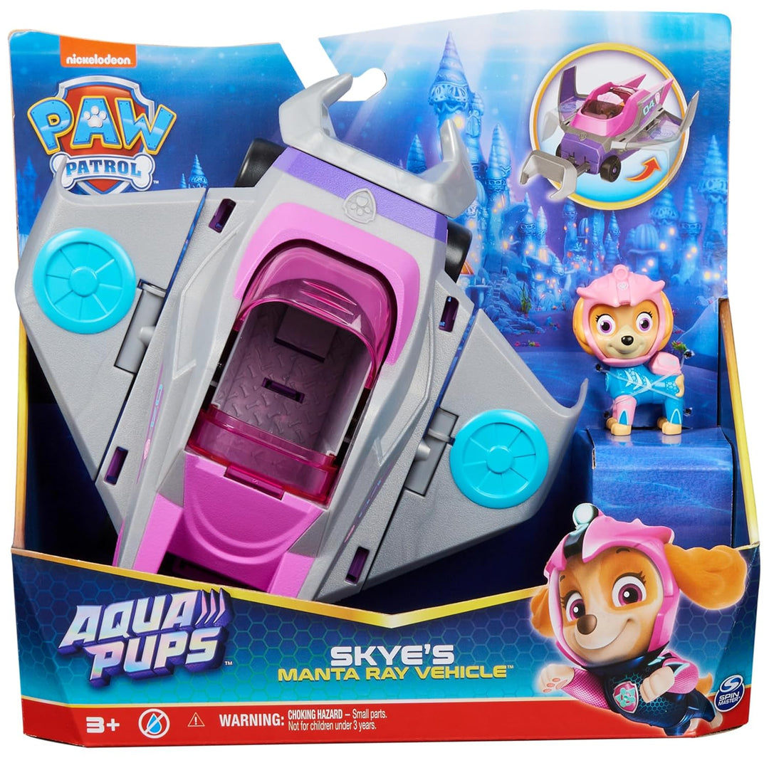 PAW PATROL, Aqua Pups - Basis Fahrzeug Spielzeugauto im Rochen-Design mit Skye Welpenfigur, Spielzeu