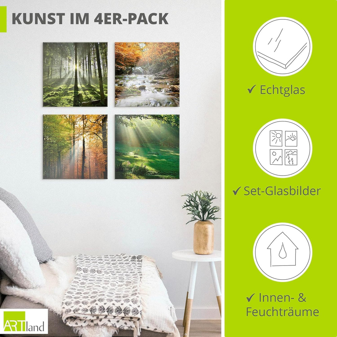 ARTland Glasbild Wandbild Glas Bild 4er Set 4 teilig je 40x40 cm Natur Landschaft Wald Baum Grün Gra