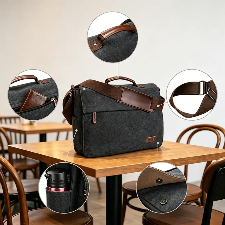 Ruschen Umhängetasche Herren aus Vintagem Segeltuch, Premium Herrentasche, Laptoptasche für 15,6 Zol