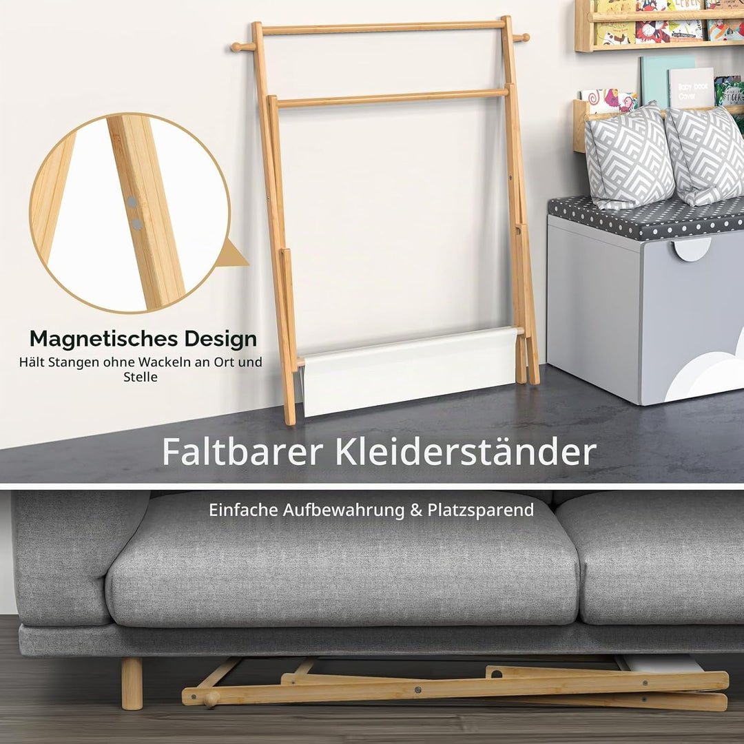 BAMBOOHOMIE Kinderkleiderständer, Kostümständer für Kinder, mit Regal und Doppelstangen, zusammenkla