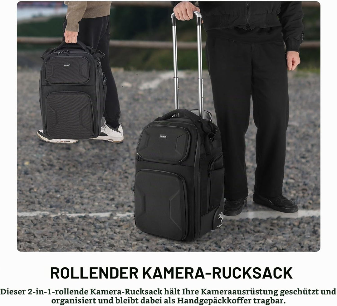 NEEWER 2 in 1 Kamerarucksack Rollen mit abnehmbaren stossfesten Trennwänden Griff Hüftgurt Regenschu