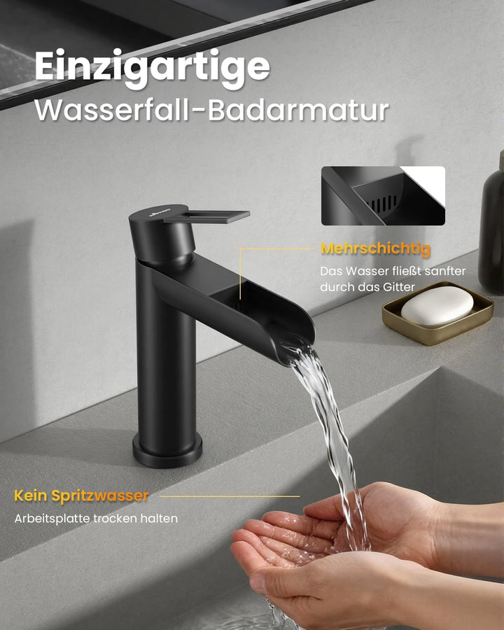APPASO Wasserhahn Bad Schwarz, wasserfall wasserhahn, Waschbeckenarmatur mit, Auslauf Höhe 115mm, ar