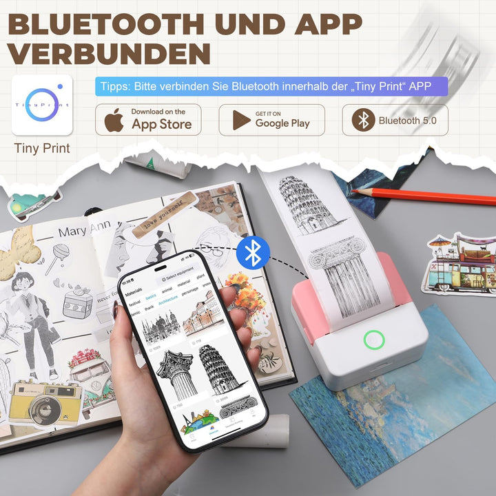 PRAOAHEI Mini Drucker, Tragbarer Fotodrucker mit 10 Rollen Druckerpapier, Bluetooth-Etikettendrucker