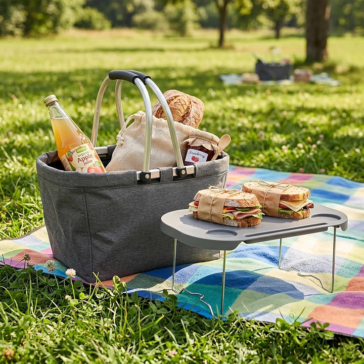 Picknickkorb grau klappbar - 42 x 27 cm | mit integriertem Tisch