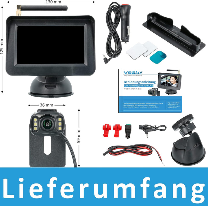VSG24 4,3“ Funk Rückfahrsystem Select ONE für PKW, KFZ Set kabellos inkl. Rückfahrkamera + Monitor,