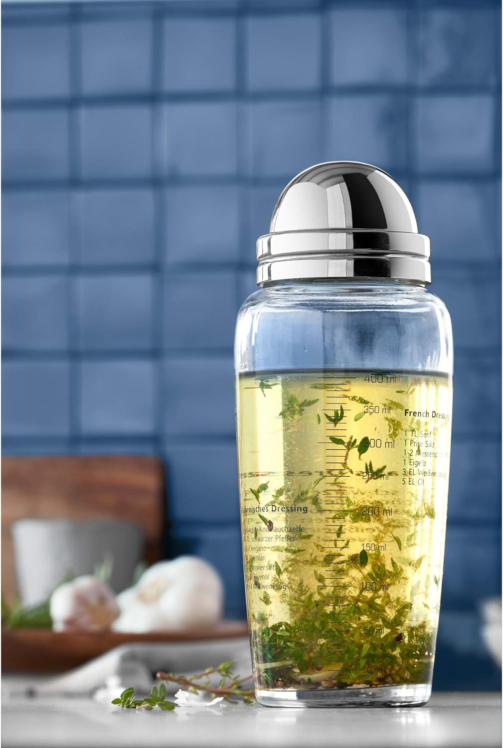 WMF Salat Dressingshaker 400ml, Glasbehälter mit Skalierung, mit 5 aufgedruckte Rezepte, Glas, Croma