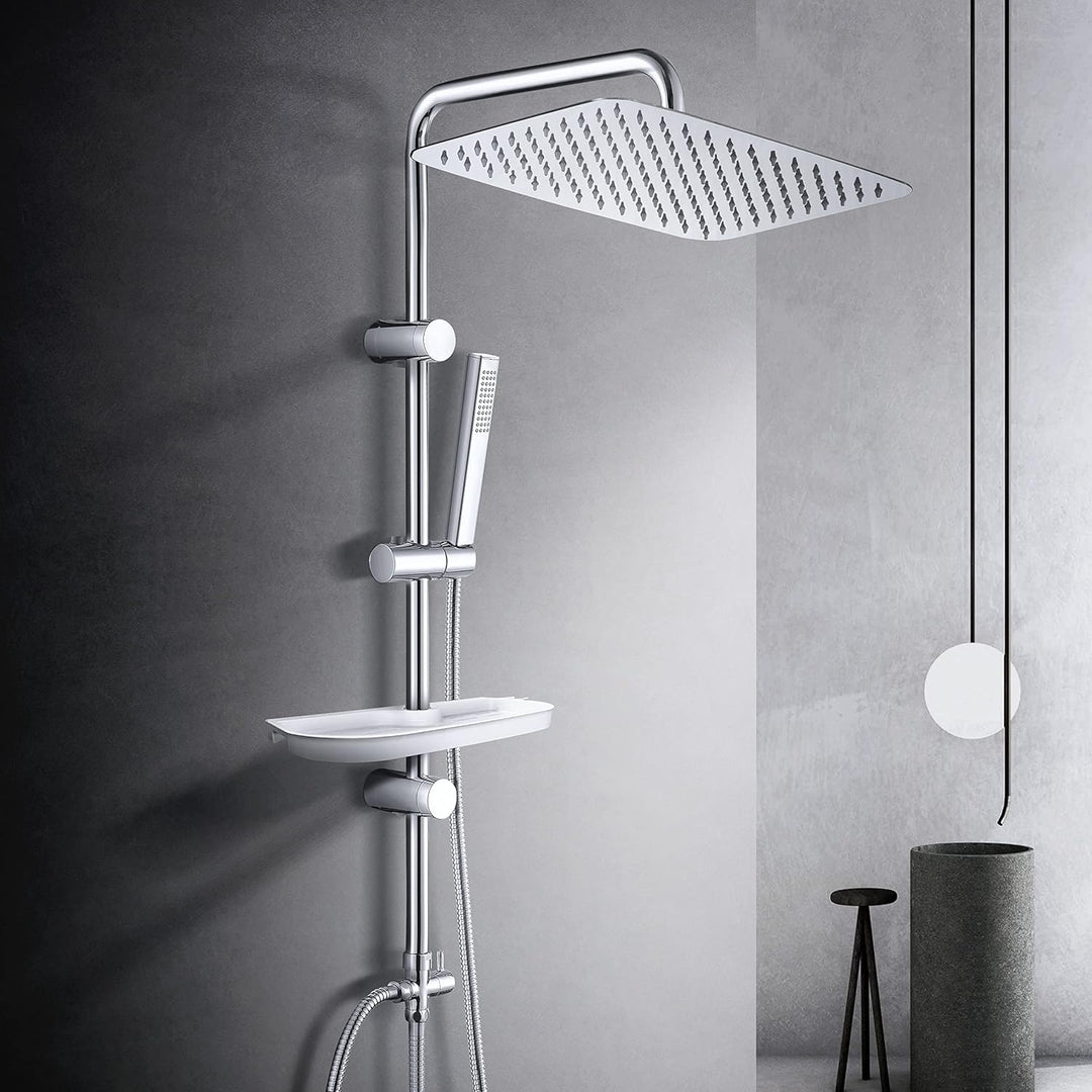 Görbach Regendusche Duschset Duschsystem mit Ablage Chrom Duschstangeset ohne Duscharmatur (35x25) &