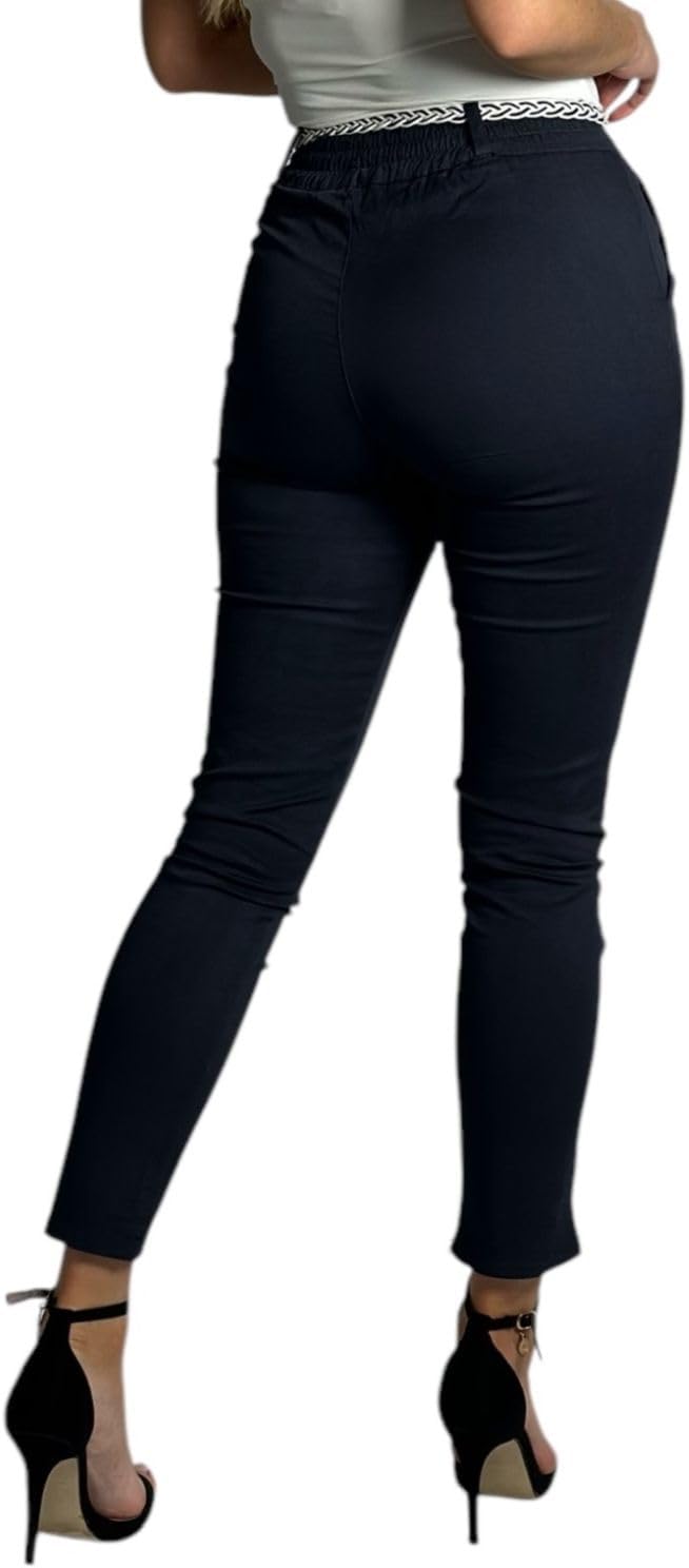 Damen Baumwolle Klassische Chino Hose mit Gürtel, S Dunkelblau