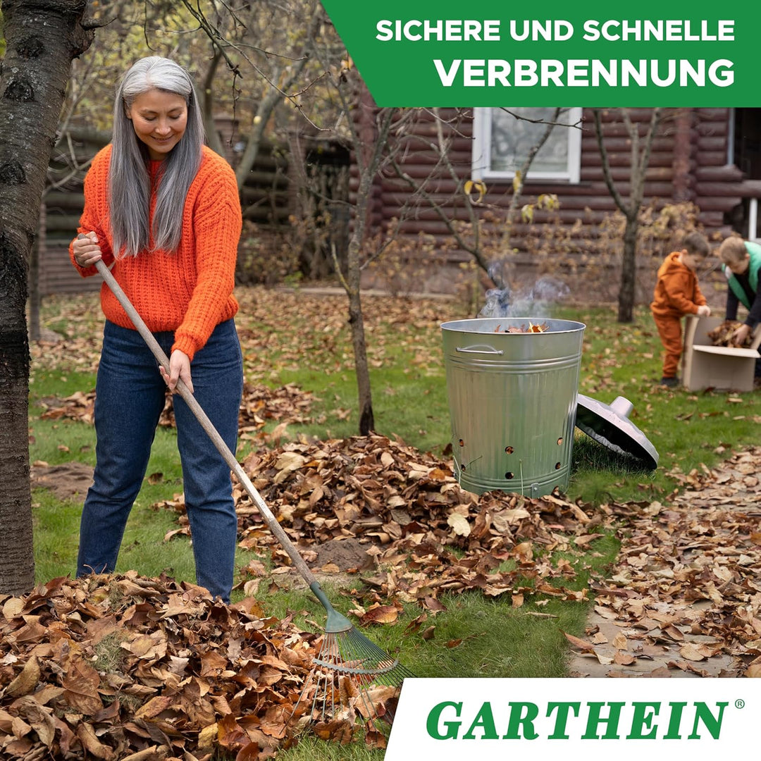 GARTHEIN - 90 Liter Grosse Feuertonne für den Gartenabfall mit Deckel in Silber, Metallfass verzinkt