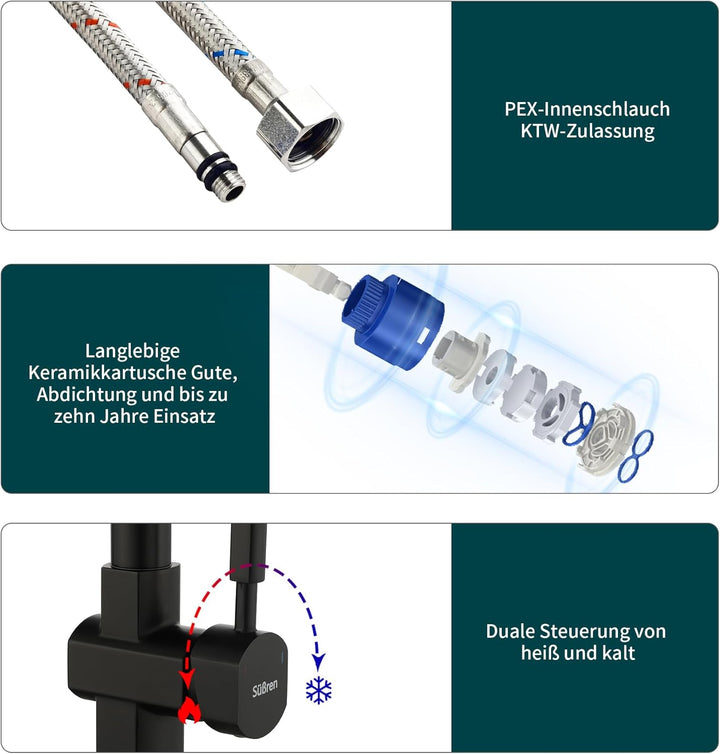Wasserhahn Küche Schwarz,Hochdruck Küchenarmatur mit Ausziehbar Brause,Armatur Küche 360° Drehbar,Sp