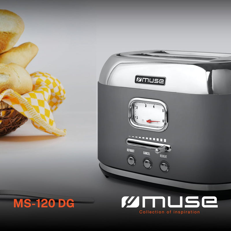 Muse Edelstahl-toaster im grauen retro Design, analoge Anzeige, beleuchtete Tasten, 6 Bräunungsstufe