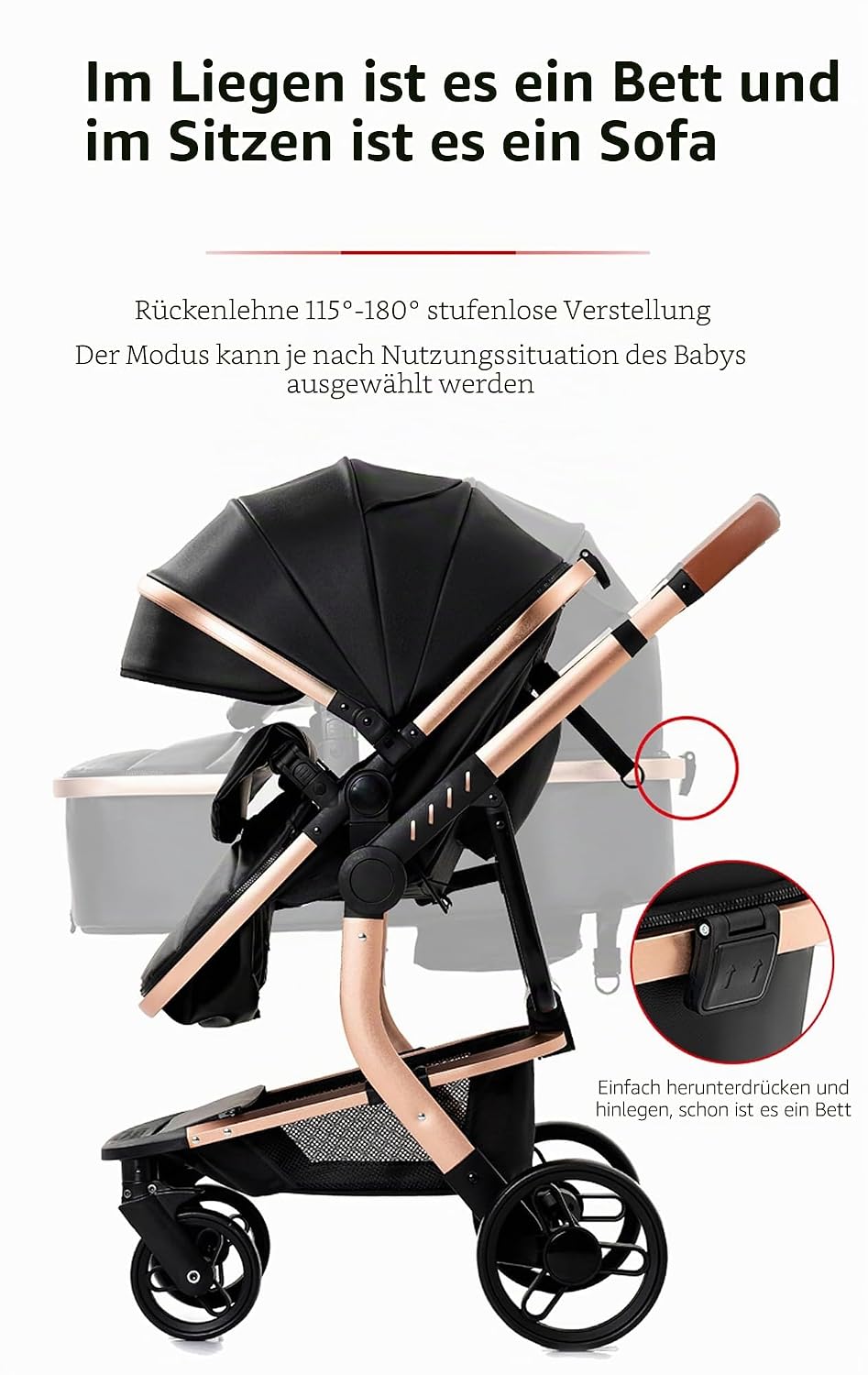 Magic ZC PU-Leder Kinderwagen 3 in 1, Kinderwagen Set Umkehrbarem Doppelschiebemodus, Kombikinderwag