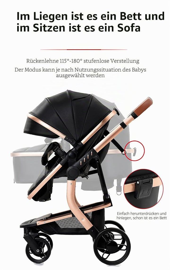 Magic ZC PU-Leder Kinderwagen 3 in 1, Kinderwagen Set Umkehrbarem Doppelschiebemodus, Kombikinderwag
