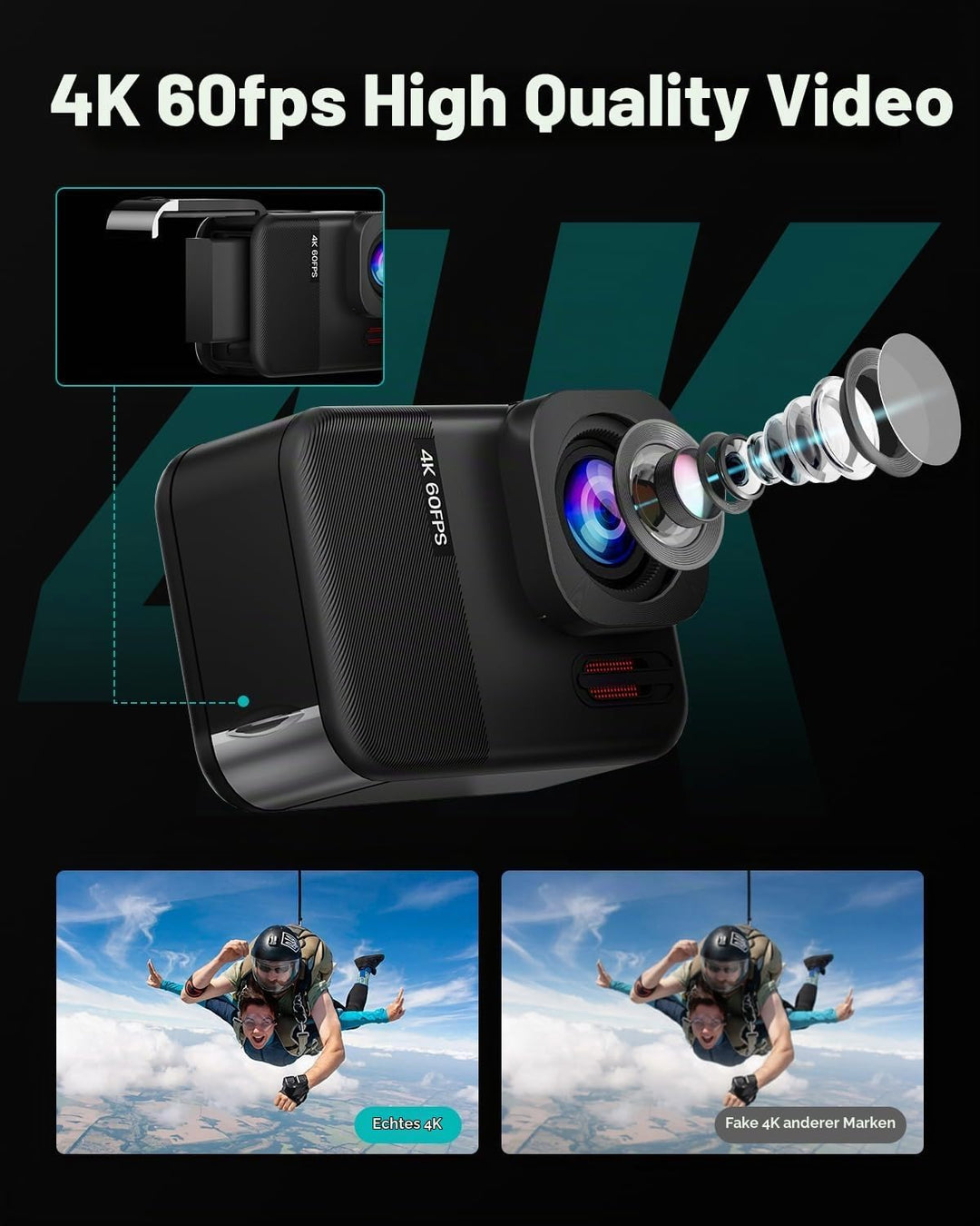 TIMNUT 4K60fps Touchscreen Action Cam, Unterwasserkamera mit 64G SD Karte 48MP WiFi Kamera 8X Zoom,
