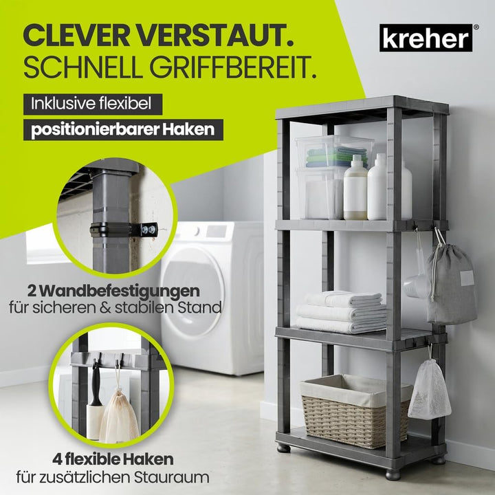 Kreher® Kunststoffregal „Neo“ mit 4 Böden - Steckregal für Haushalt, Keller &amp; Garage - Standregal, L