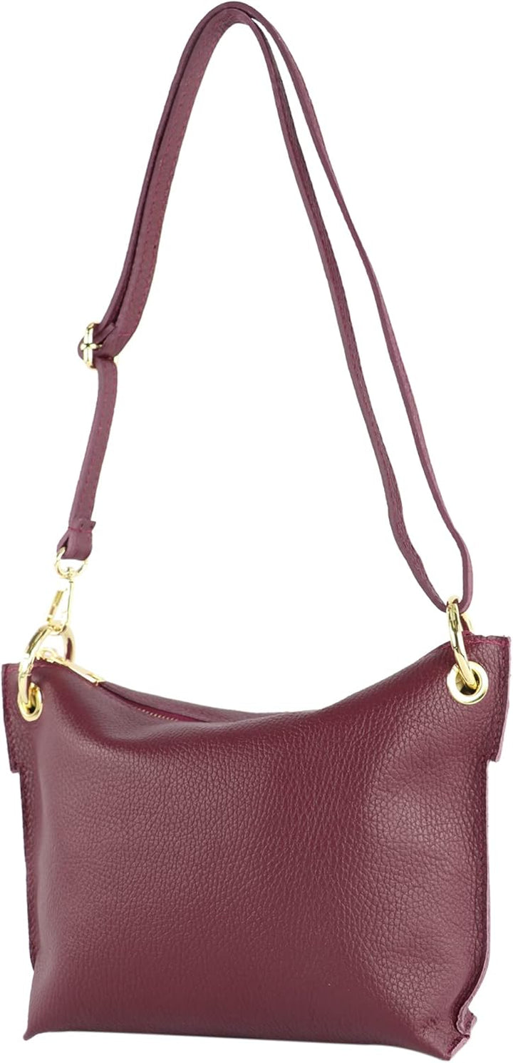 modamoda de - T243 - ital. Umhängetasche Klein Small aus Leder Bordeauxviolett, Bordeauxviolett