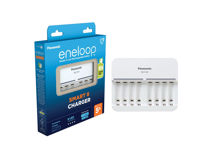 Panasonic eneloop Smart 8 Ladegerät für 1–8 AA/AAA NI-MH-Akkus, mit 8 LED-Anzeigen und 9 Sicherheits