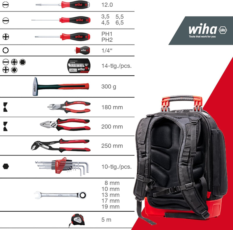 Wiha Mechaniker Werkzeugrucksack 41-tlg. I mit Mechaniker Grundausstattung I stabiler Standboden I m