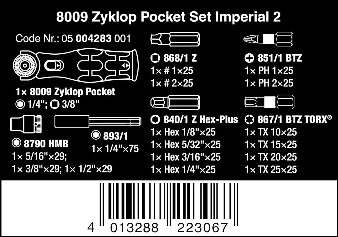 Wera 05004283001 8009 Zyklop Pocket Set Imperial 2, Knarren Satz, 18-teilig, Schwarz-grün 8009 Zyklo