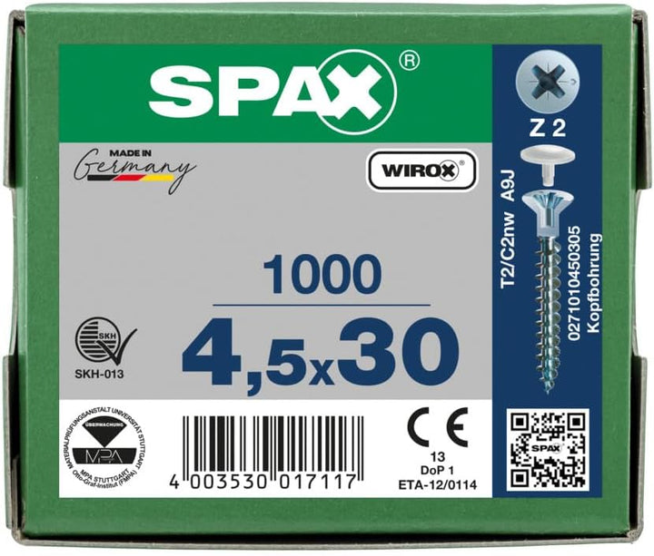 SPAX Universalschraube mit Kopflochbohrung, 4,5 x 30 mm, 1000 Stück, Kreuzschlitz Z2, Kleiner Senkko