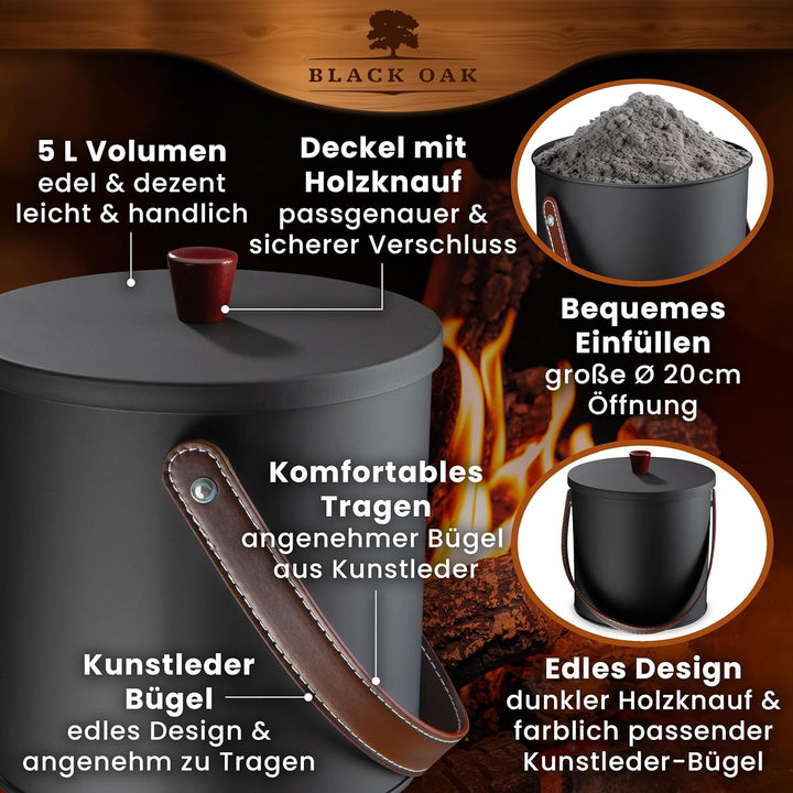 BLACK OAK Ascheeimer TOBA 5L - schwarz mit Deckel & Leder-Griff + Handschuhen - 5L Stahl feuerfest v