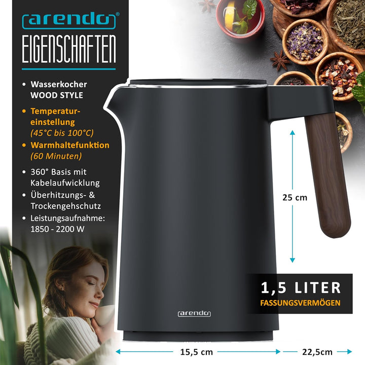 Arendo - Wasserkocher mit Temperatureinstellung - Edelstahl - 45°C - 100°C - 1.5 Liter - Doppelwand