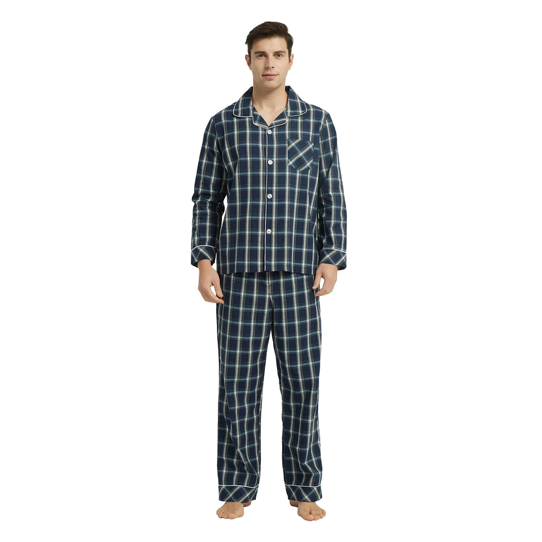 Vulcanodon Pyjama Herren 100% Baumwolle Schlafanzug lang Set kariert mit Knopfleiste weiche Nachtwäs