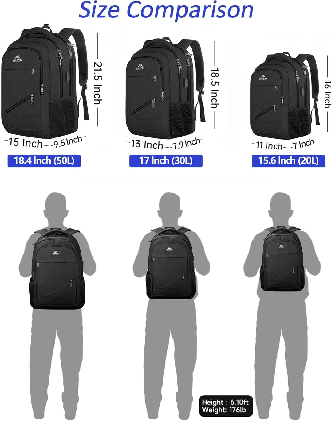 MATEIN Rucksack Herren, Laptop Rucksack 17 Zoll mit USB Ladeanschluss und TSA-Zertifizierung,Gross W