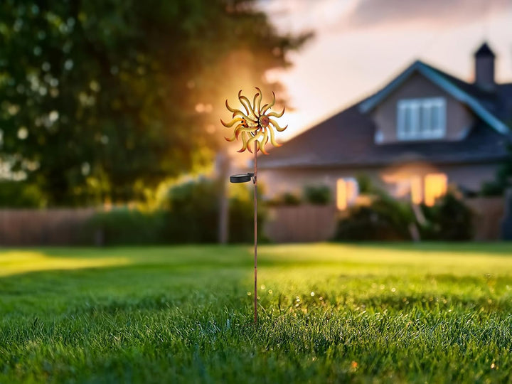 meineWunschleuchte 2er Set Solar Gartenstecker Windrad mit Erdspiess in Orange-Gelb & Kupfer, Höhe 9
