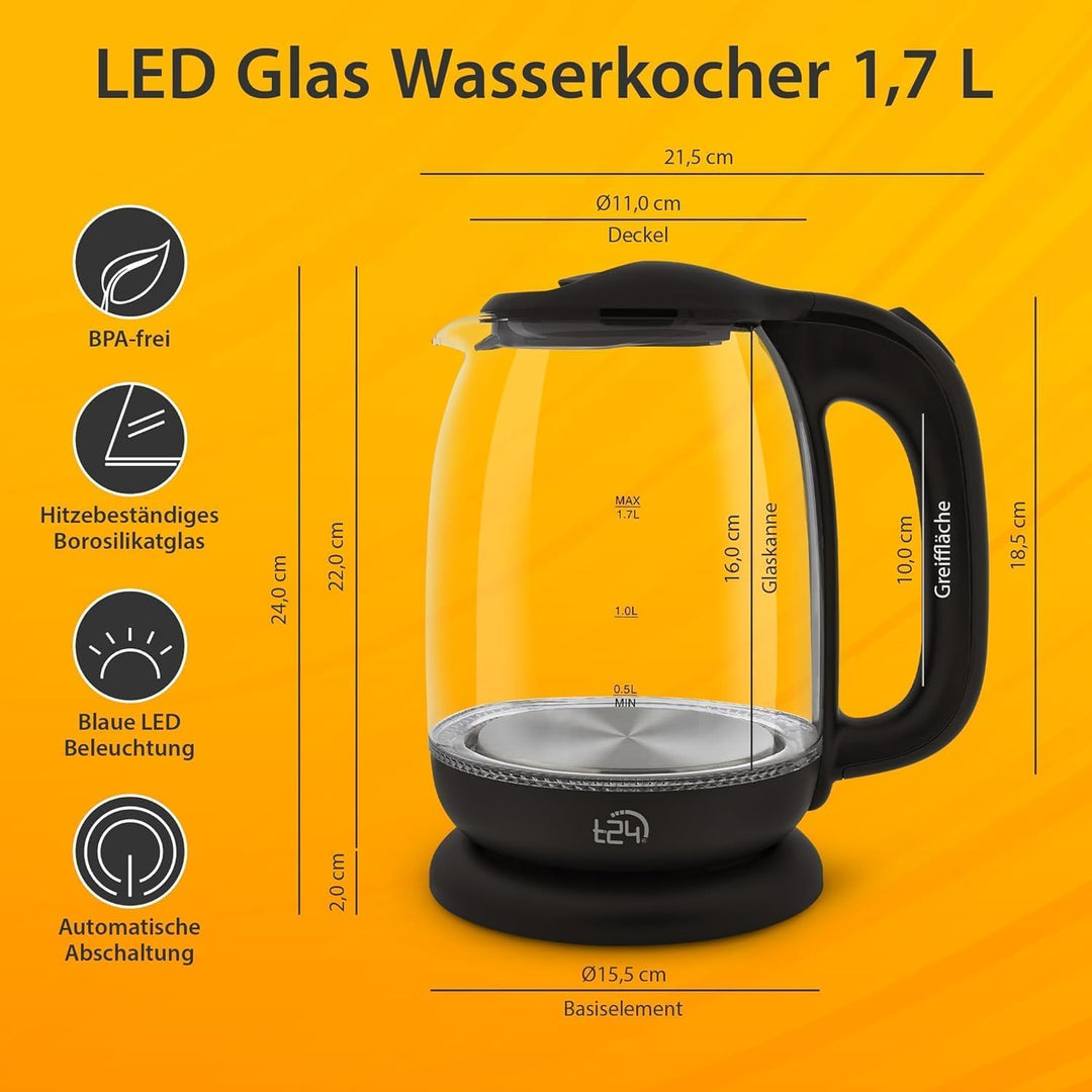 T24 LED Glas Wasserkocher 1,7 Liter mit LED-Beleuchtung in Schwarz | TÜV Rheinland GS Zertifiziert,