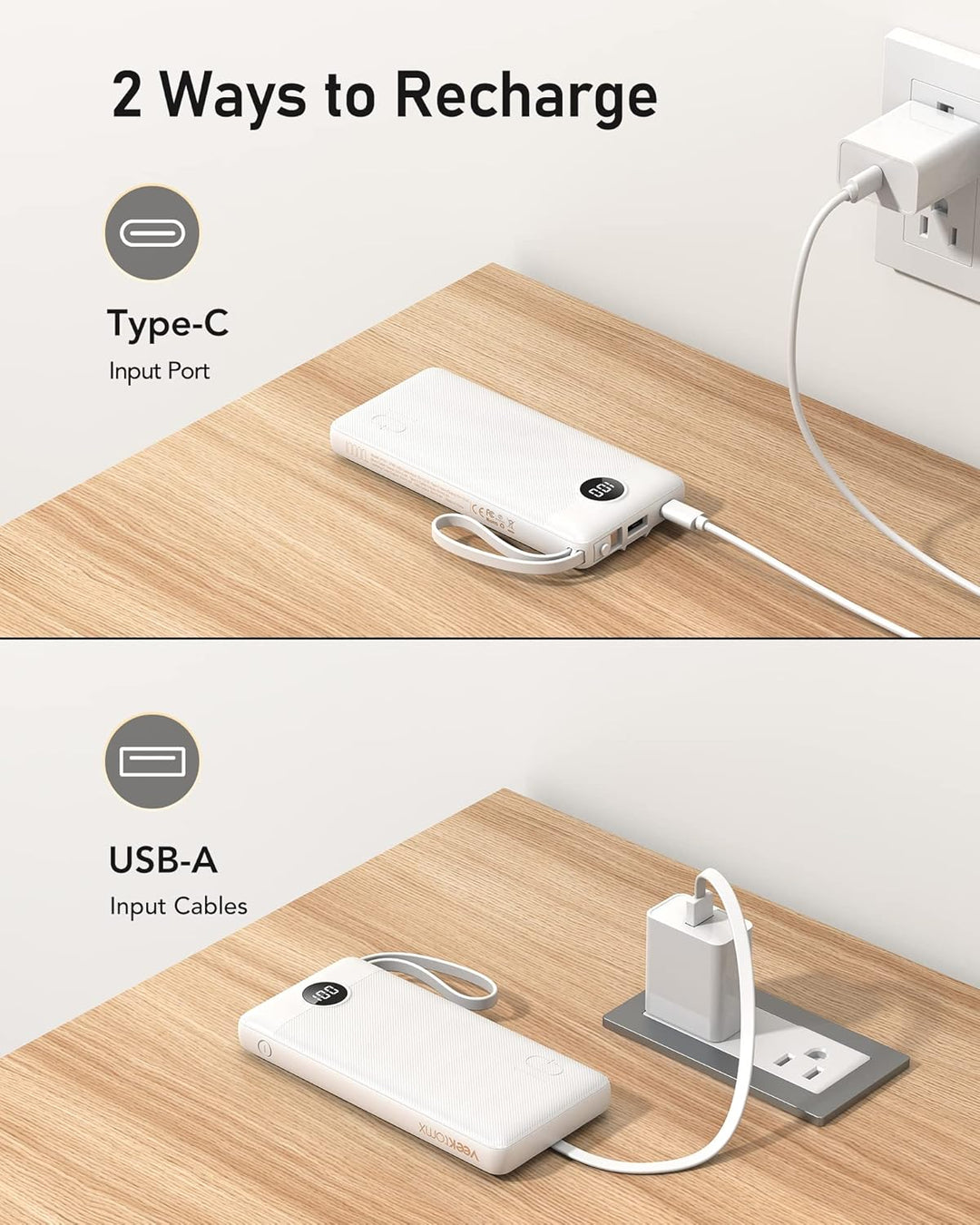 Powerbank 10000mAh Power Bank mit Kabel VEEKTOMX USB C Powerbank Externe Handyakkus mit 5 Ausgängen