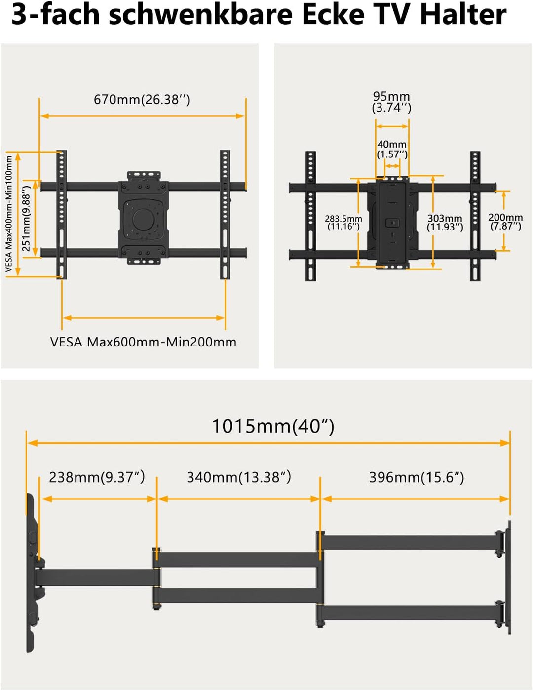 TV Wandhalterung mit 1016mm Extra Langem Gelenkarm, Fernsehhalterung Wand Schwenkbar 3 Klappbare Arm