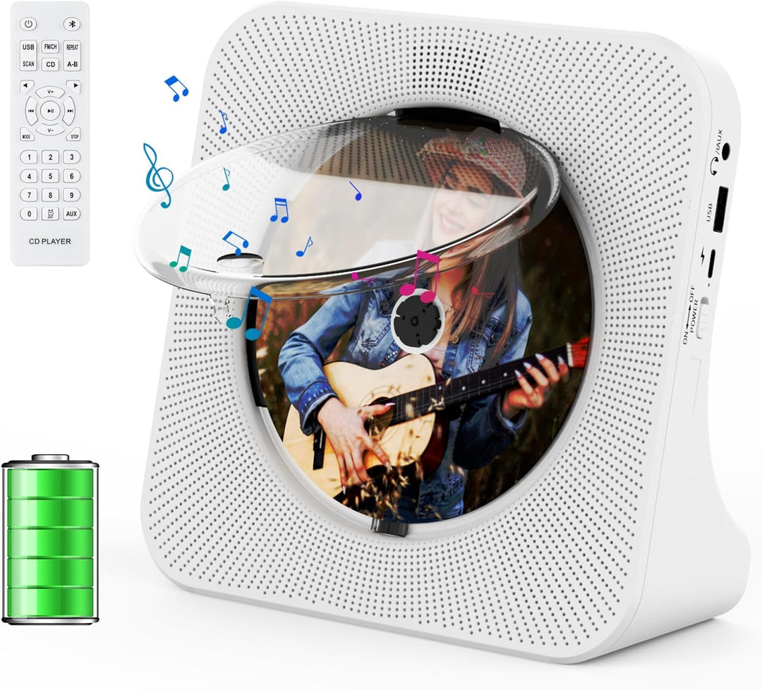 Gueray Tragbarer CD Player mit Bluetooth Desktop CD-Player mit 4000 mAh Akku für zu Hause Eingebaute