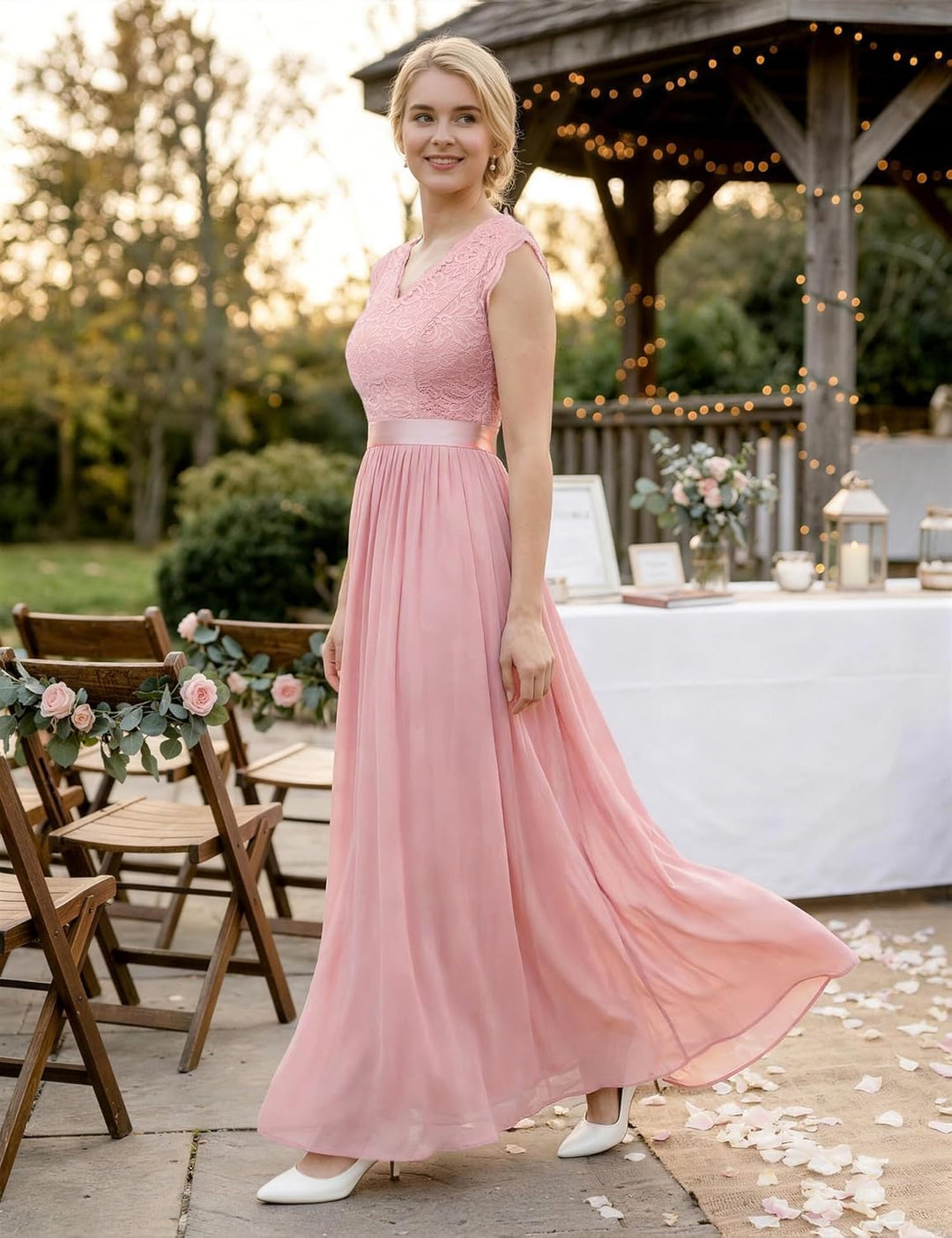 Dressystar Damen Ballkleid Maxi Lang Abendkleider Elegant für Hochzeit Spitzen Cocktailkeid L Band_b