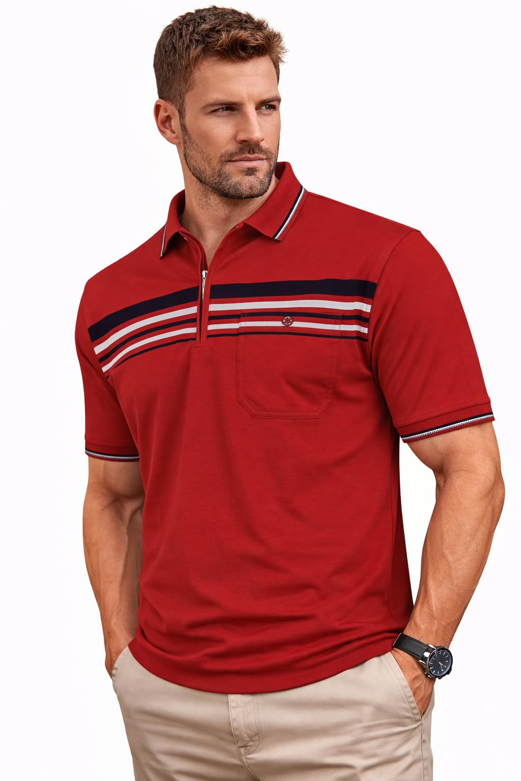 Soltice Herren Kurzarm Poloshirt, Polohemd Kragen, Gestreifte Blousonshirt mit Brusttasche aus Baumw