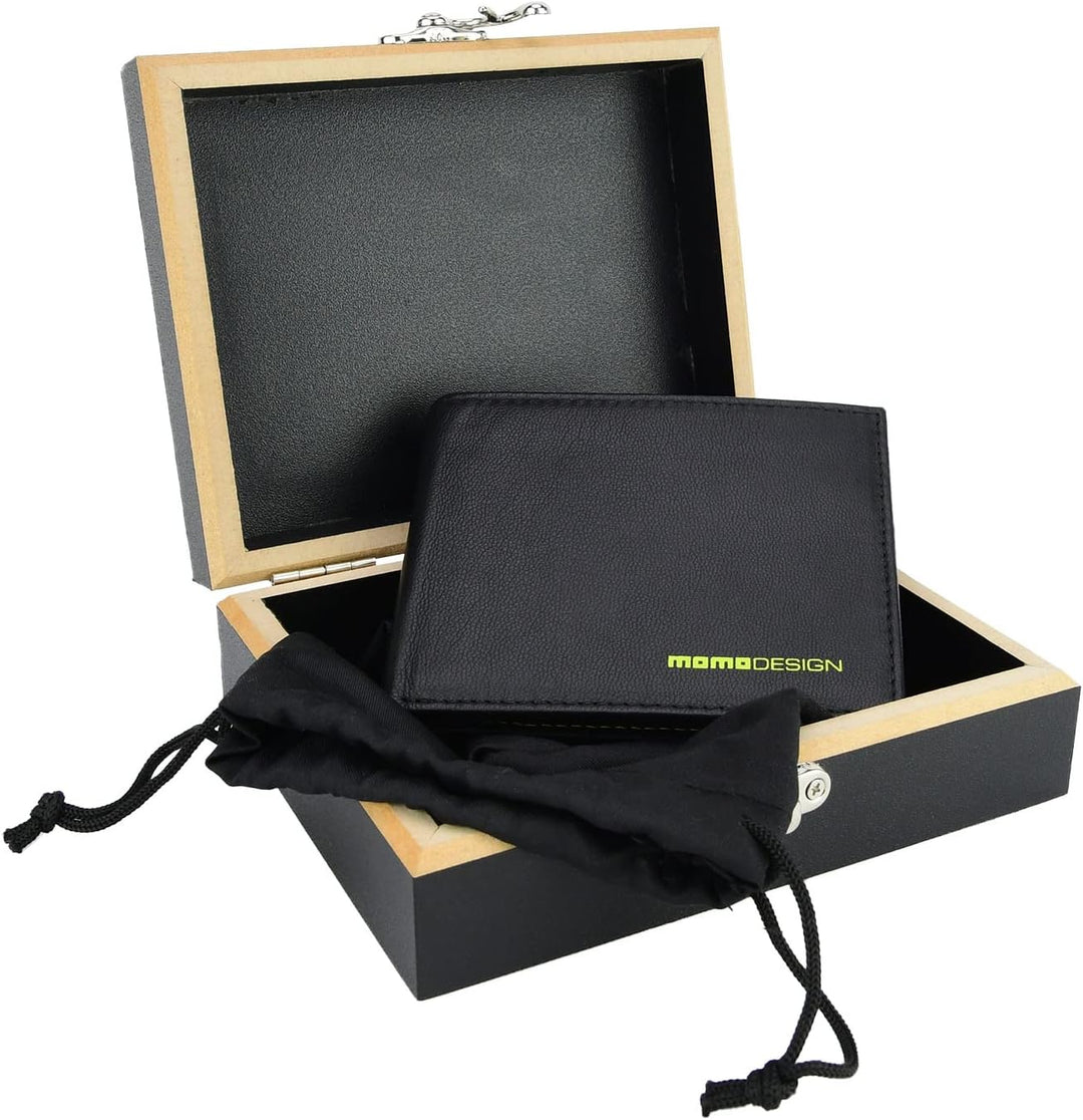 MOMO DESIGN Herren-Geldbörse aus echtem Leder, mit RFID-Schutz, Geschenkbox aus Holz, Schwarz 2 Fens