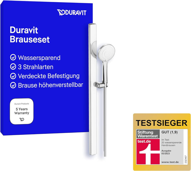 Duravit Brauseset, Duschset mit 3 Strahlarten (Rain, Pulse, Mono), Duschstange (810 mm) mit wassersp