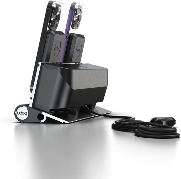 udoq 250 Ladestation für iPhone und AirPods, hochwertiges Design 4mm Aluminium, Lightning Kabel, Sil