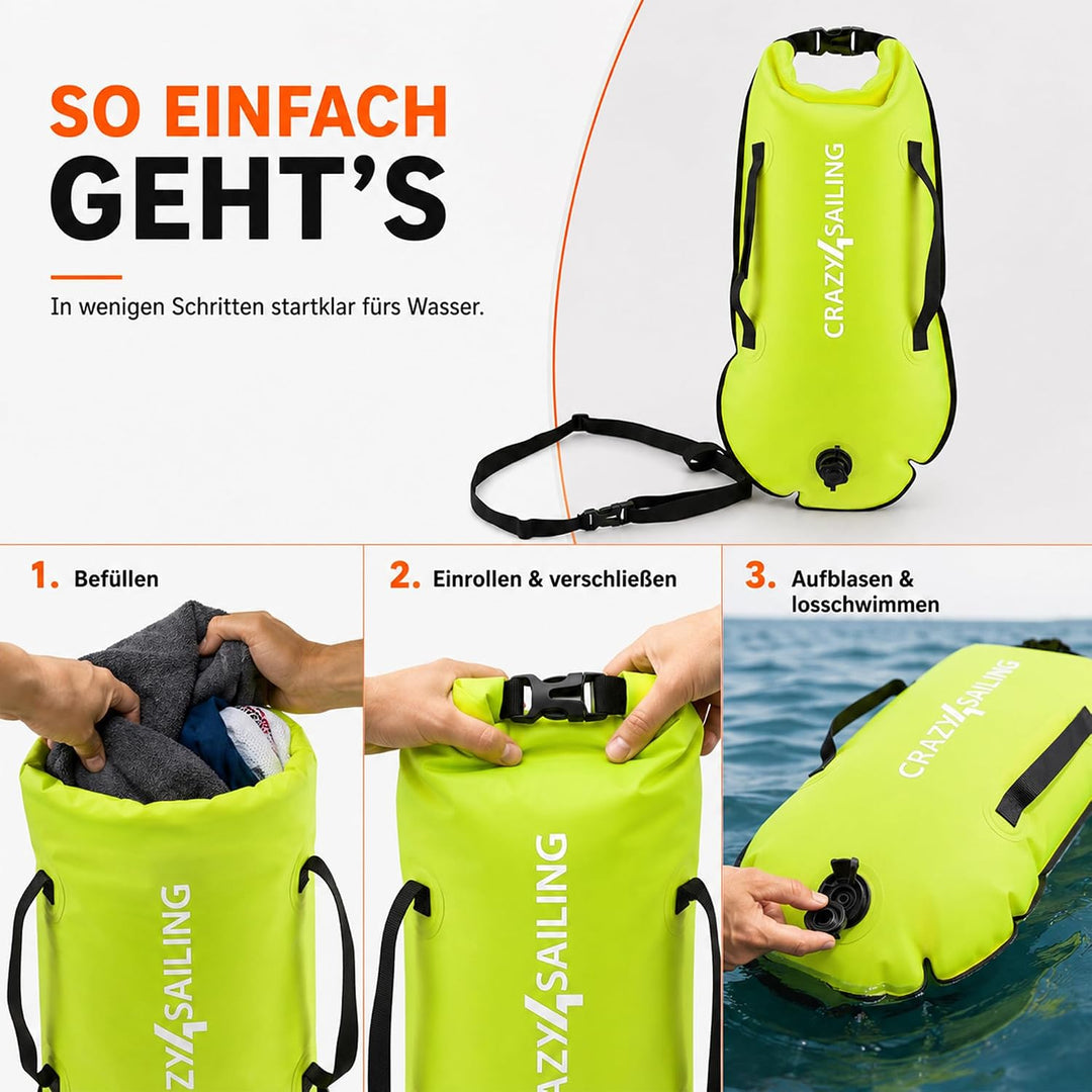 crazy4sailing Schwimmboje Dry Bag, wasserdichter Trockensack & aufblasbare Schwimmhilfe, 36 x 72 cm,