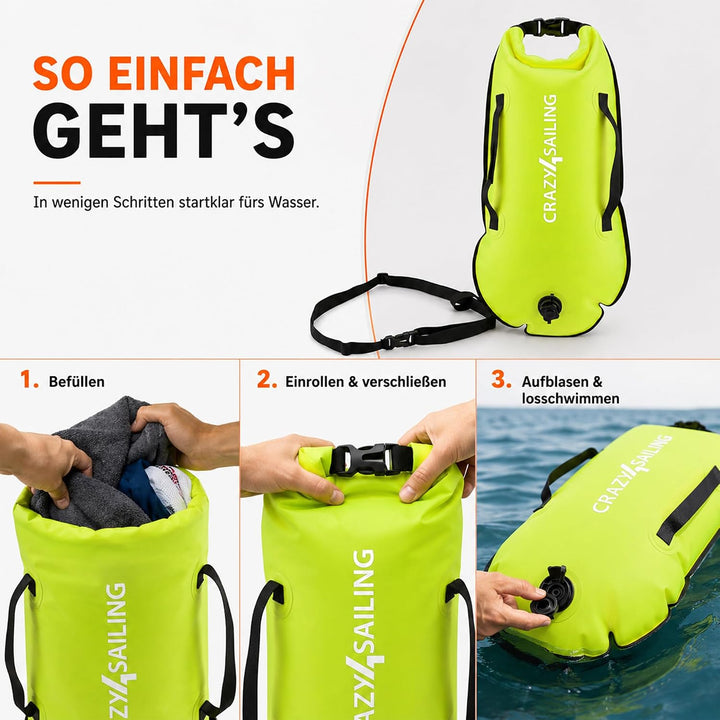 crazy4sailing Schwimmboje Dry Bag, wasserdichter Trockensack & aufblasbare Schwimmhilfe, 36 x 72 cm,