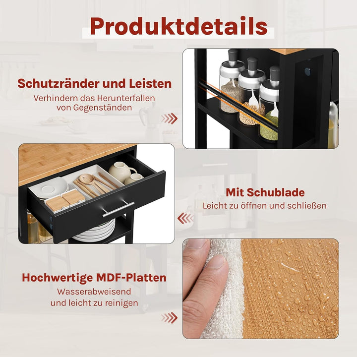 WOLTU Küchenwagen mit Arbeitsplatte, Servierwagen mit Rollen, Rollwagen mit Schublade offenen Ablage