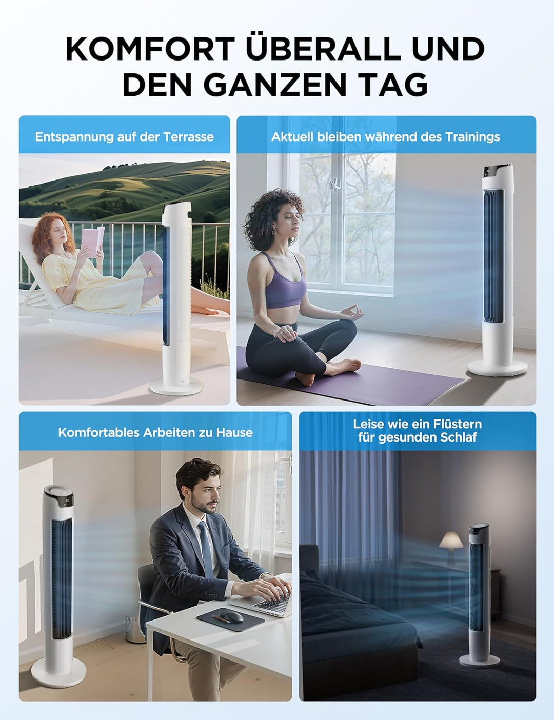 Midea FZ10-16AR Turmventilator mit Fernbedienung 110 cm,Standventilator mit Oszilation 60°,6 Geschwi