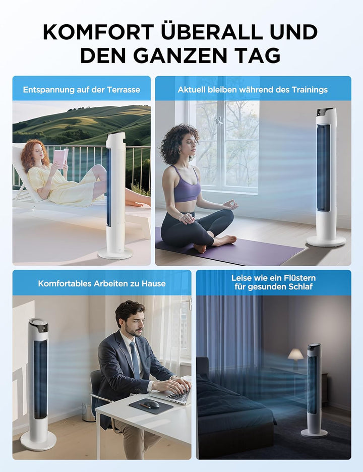 Midea FZ10-16AR Turmventilator mit Fernbedienung 110 cm,Standventilator mit Oszilation 60°,6 Geschwi