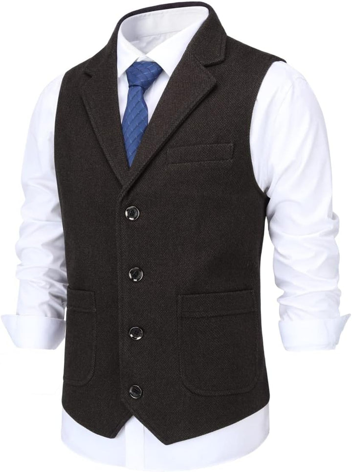 Allthemen Herren Weste Revers Tweed Wolle Anzugweste Formale Regular Fit Herrenweste Retro Business