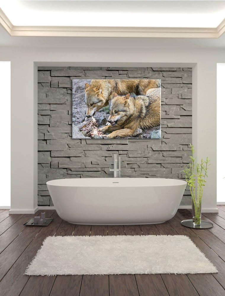 Pixxprint Wölfe beim Fressen auf Leinwand, XXL riesige Bilder fertig gerahmt mit Keilrahmen, Kunstdr