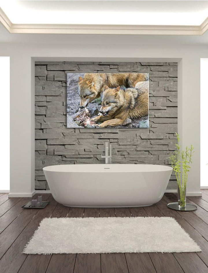Pixxprint Wölfe beim Fressen auf Leinwand, XXL riesige Bilder fertig gerahmt mit Keilrahmen, Kunstdr