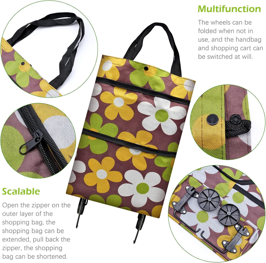 Faltbare Trolley-Taschen, Einkaufstrolley Einkaufstasche mit Rollen,2 in 1 Klappbarer Einkaufswagen