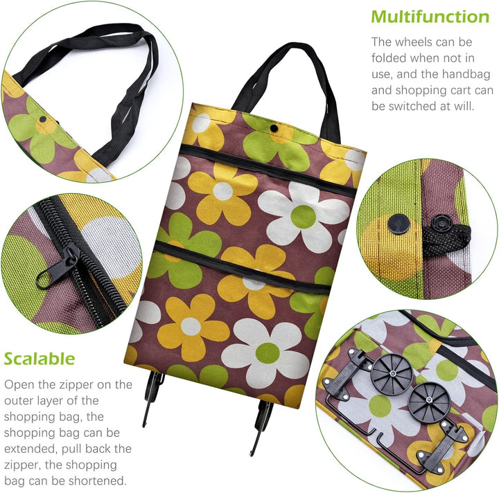 Faltbare Trolley-Taschen, Einkaufstrolley Einkaufstasche mit Rollen,2 in 1 Klappbarer Einkaufswagen