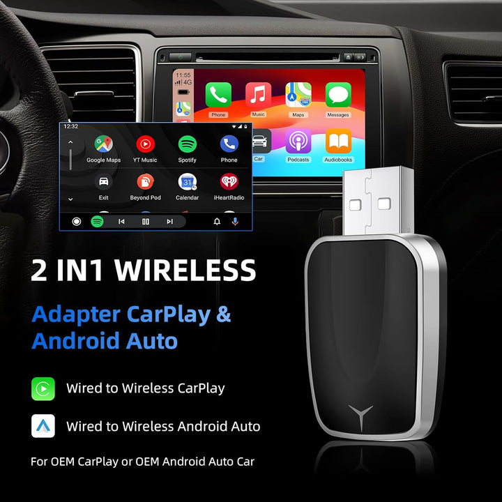 Wireless CarPlay Android Auto 2in1 Adapter, Plug and Play, für Autos mit kabelgebundenem CarPaly und
